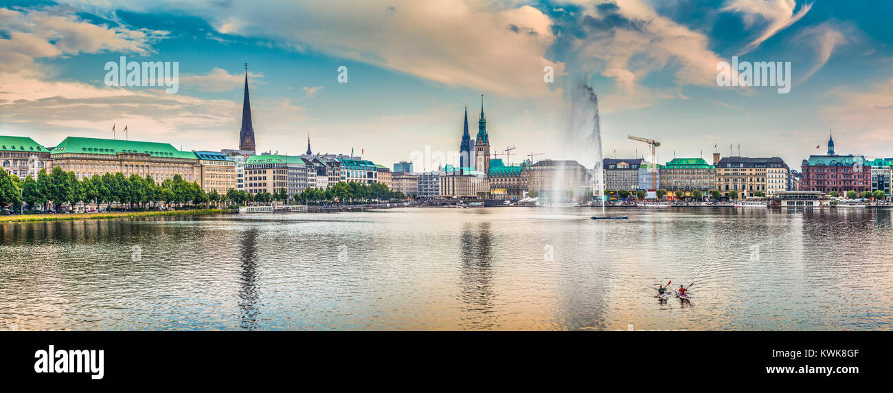 Panoramic view of famous Binnenalster (Inner Alster Lake) in golden evening light at sunset, Hamburg, Germany Stock Photo