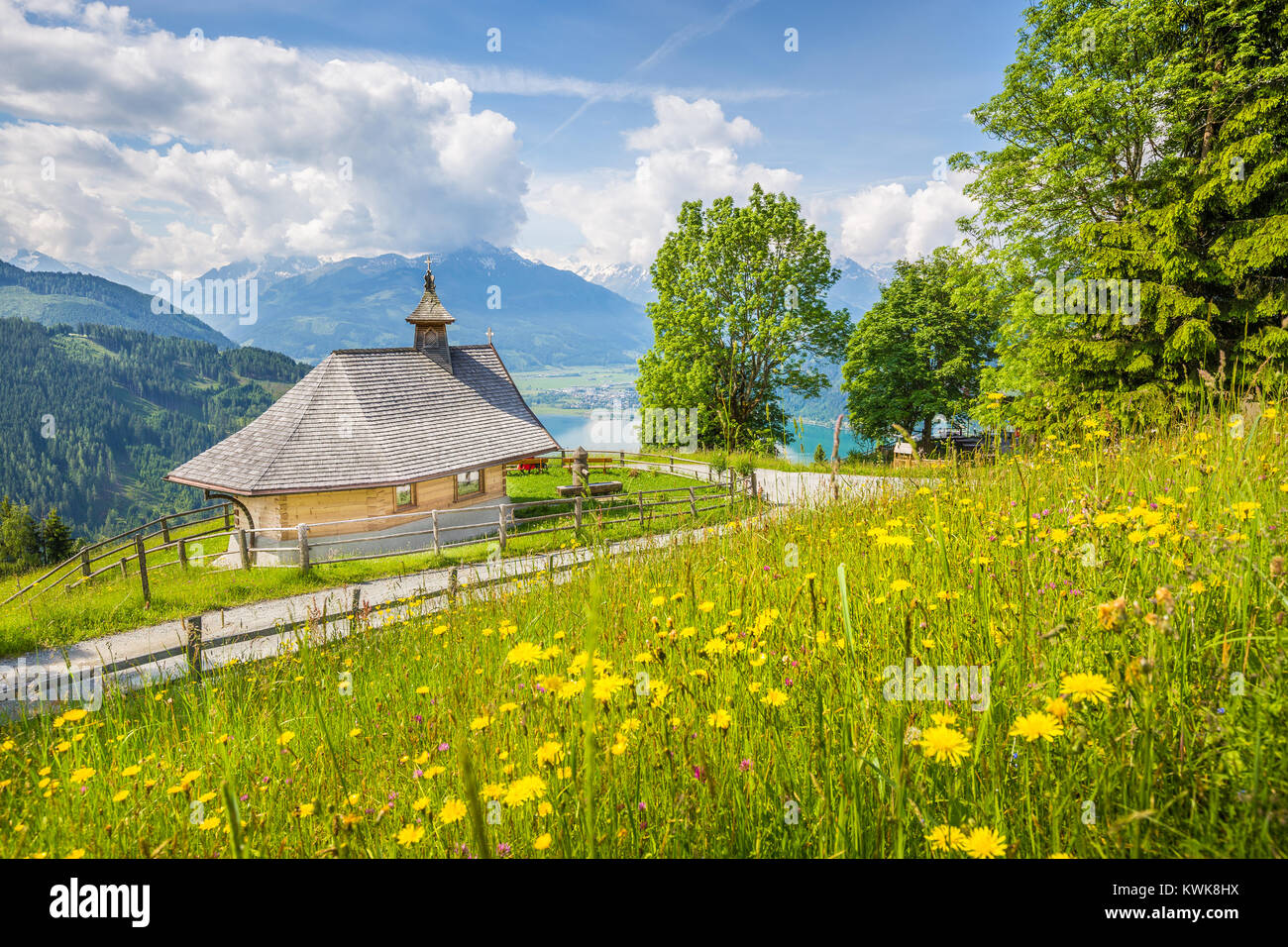 Beautiful scenery in the Alps with chapel and green meadows full of blooming flowers on a sunny day with blue sky and clouds in springtime Stock Photo