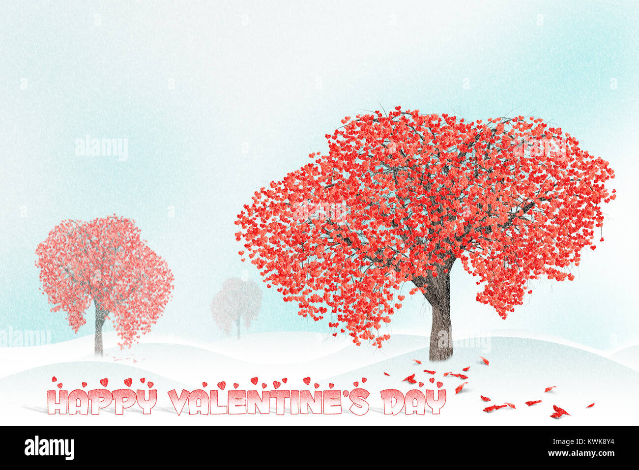 Red hearts on snowy tree  in winter. Holidays happy valentines day, love concept. Stock Photo