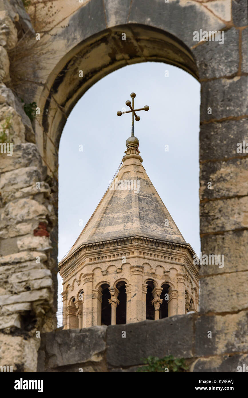 St. Domnius Cathedral Bell Tower through Diocletian palace east wall, Split, Croatia Stock Photo