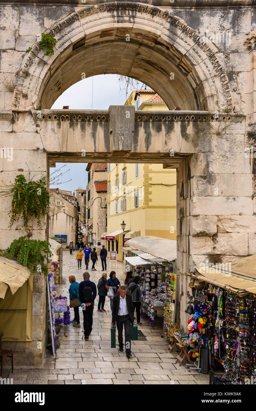 Market Stalls at East Gate of Diocletian Palace, Split, Croatia Stock Photo