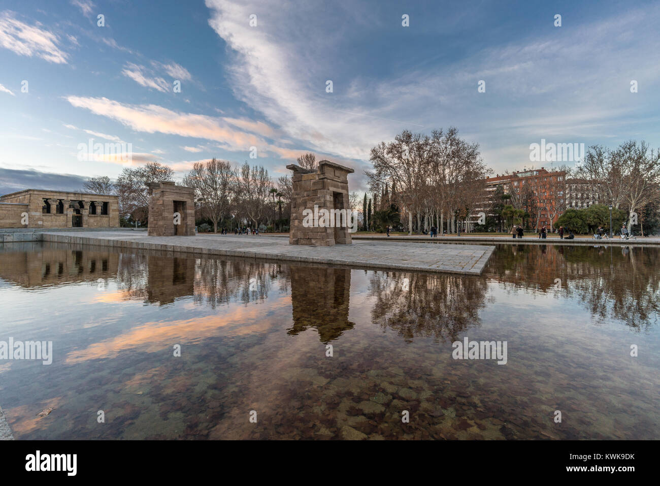 Sunset sky clouds reflections at Templo de Debod (Debod Temple