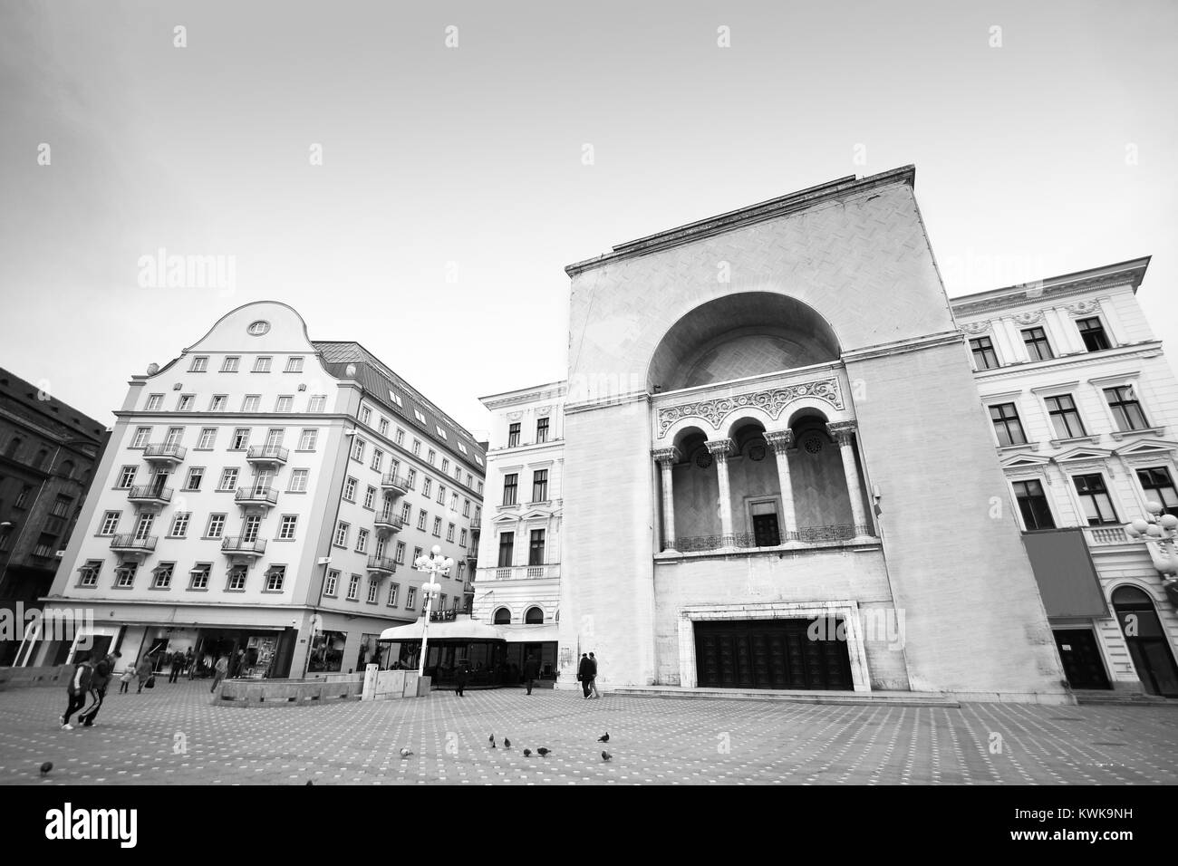 Black & White cityscape of National Theater and Romanian Opera in Timisoara, Timis County, Romania situated in Opera Square Stock Photo