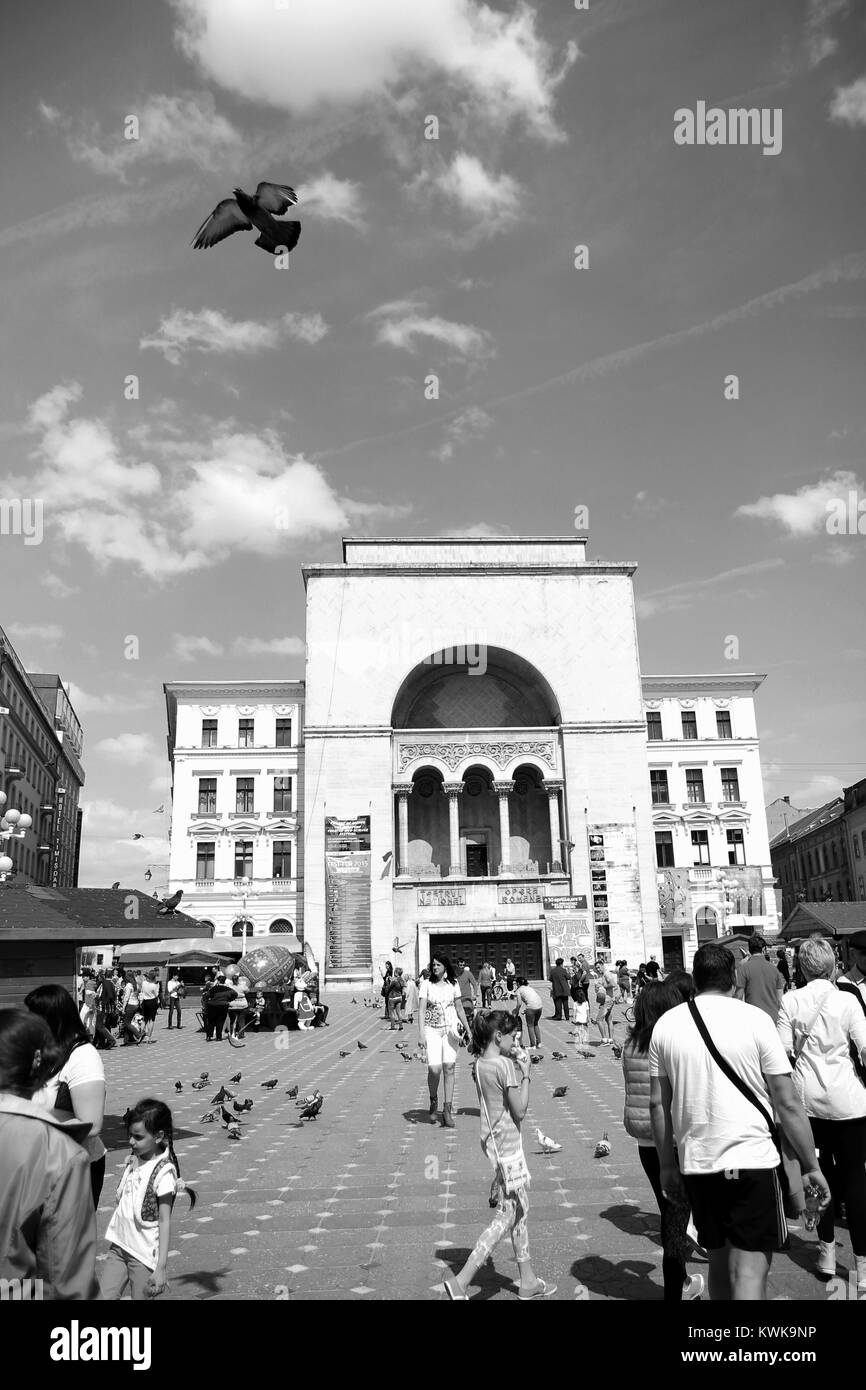Black & White cityscape of National Theater and Romanian Opera in Timisoara, Timis County, Romania situated in Opera Square Stock Photo