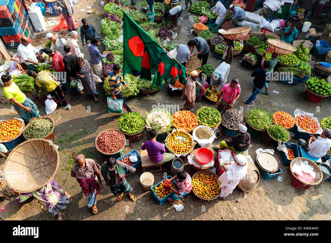 Overview of the street scene at a local vegetable market in Dhaka