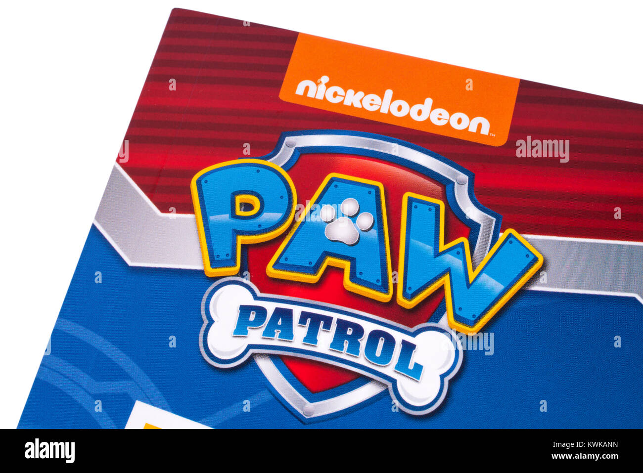 LONDON, UK - DECEMBER 18TH 2017: A close-up of the Paw Patrol logo on the front cover of a childrens book, on 18th December 2017.  Paw Patrol is an an Stock Photo