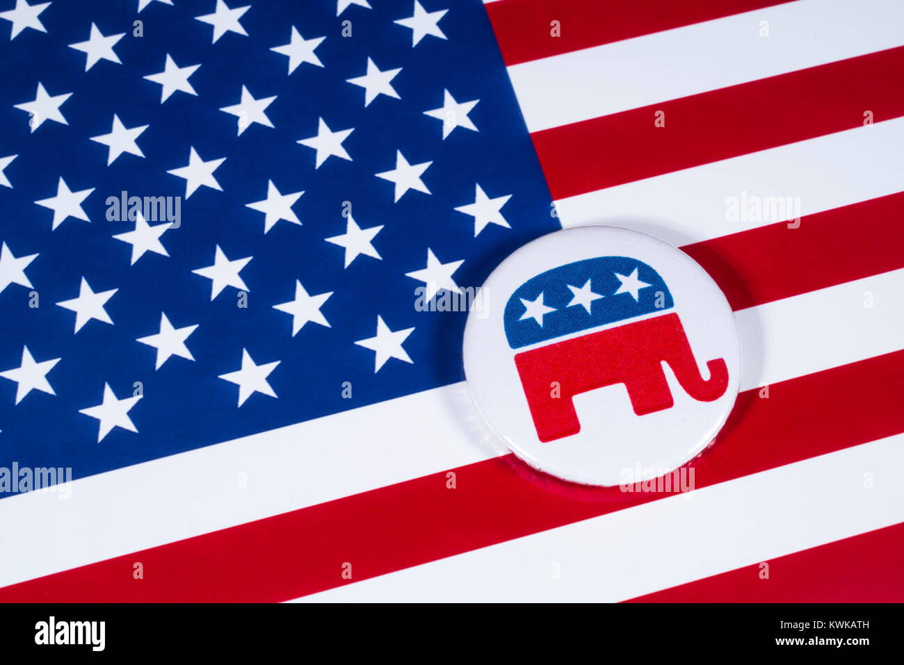 LONDON, UK - DECEMBER 18TH 2017: The Elephant symbol of the Republican Party, with the American flag behind it, on 18th December 2017. Stock Photo
