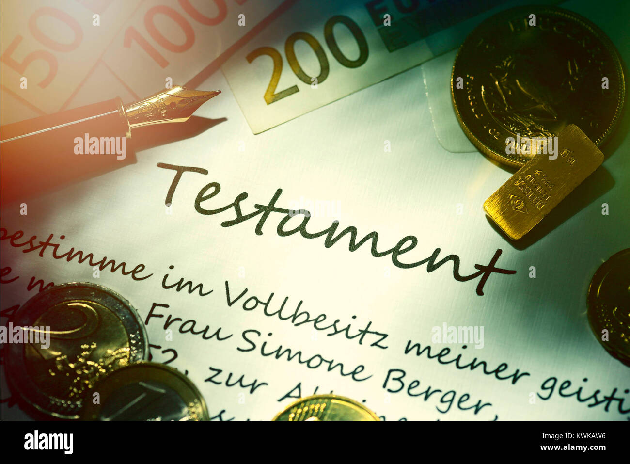 Testament, bank notes and monetary coins, inheritance tax, Geldscheine und Geldm?nzen, Erbschaftsteuer Stock Photo
