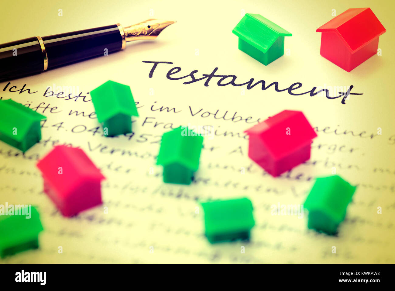 Testament and miniature houses, inheritance tax, Testament und Miniaturh?user, Erbschaftsteuer Stock Photo