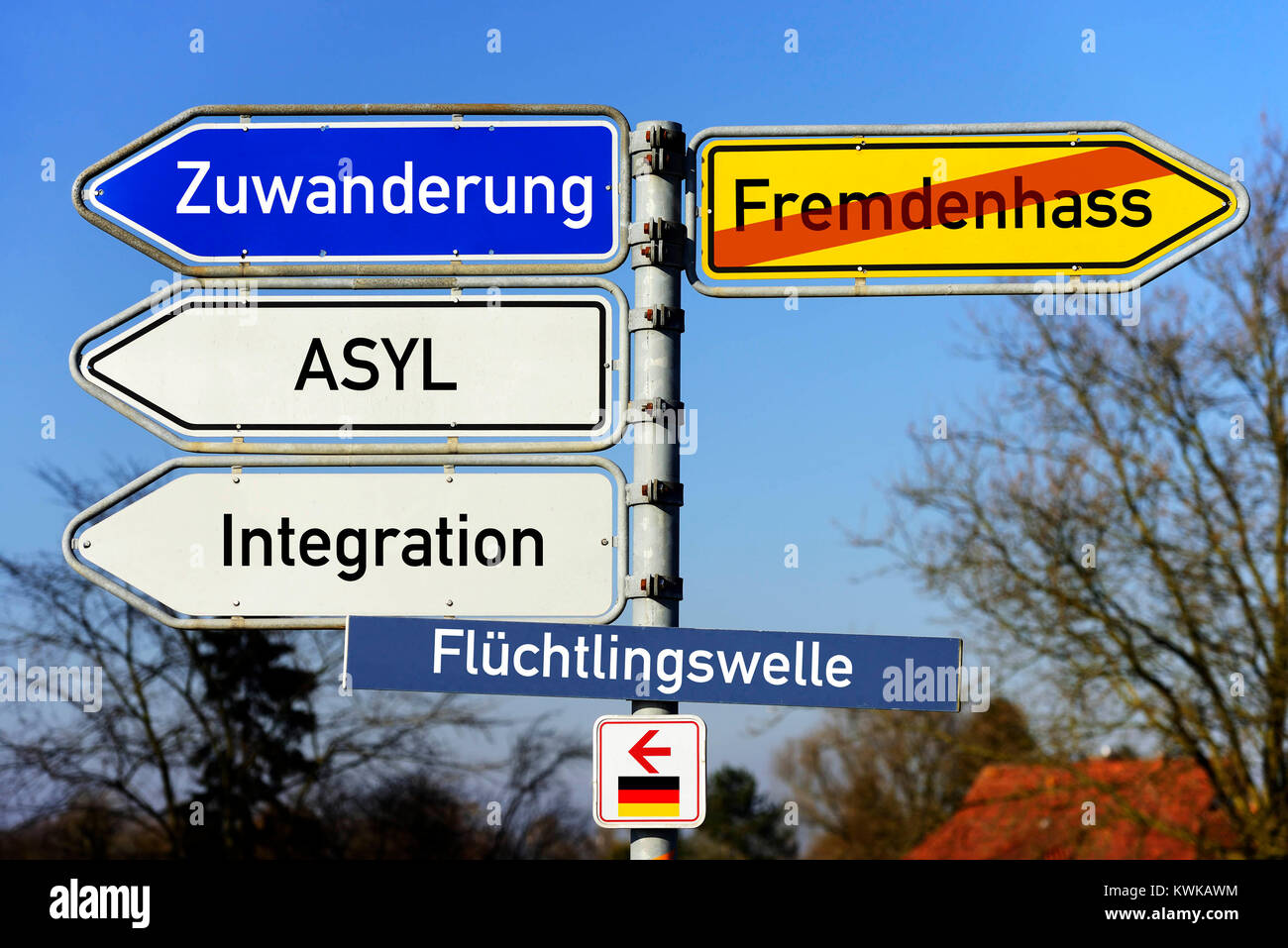 Signpost immigration and asylum, Wegweiser Zuwanderung und Asyl Stock Photo