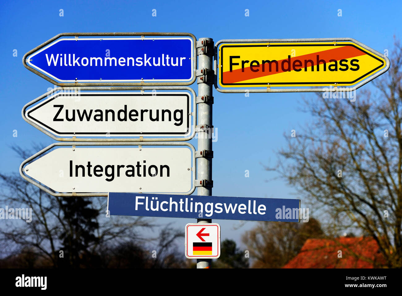 Signpost immigration and integration, Wegweiser Zuwanderung und Integration Stock Photo