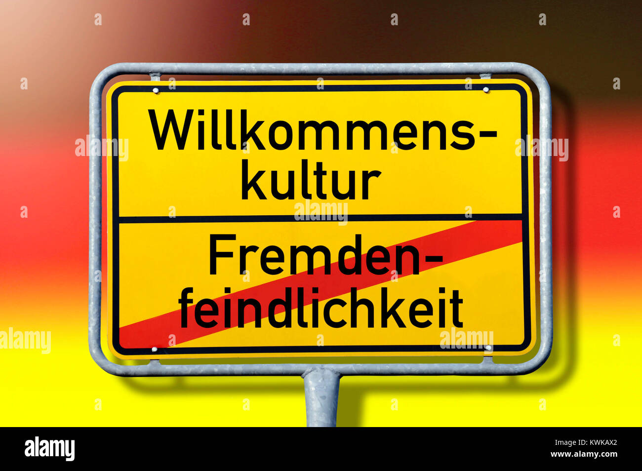 Sign Welcome culture, Schild Willkommenskultur Stock Photo