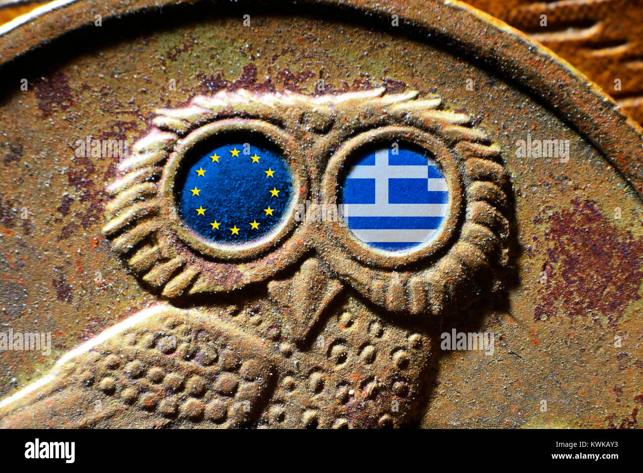 Greek drachm coin with flags of the EU and Greece, Griechische Drachme-M?nze mit Fahnen von EU und Griechenland Stock Photo