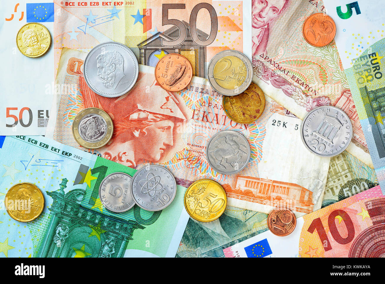 Greek drachms, euronotes and eurocoins, Griechische Drachmen, Euroscheine und Eurom?nzen Stock Photo