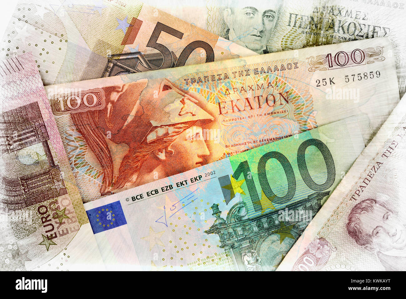 Greek drachms and euronotes, Griechische Drachmen und Euroscheine Stock Photo