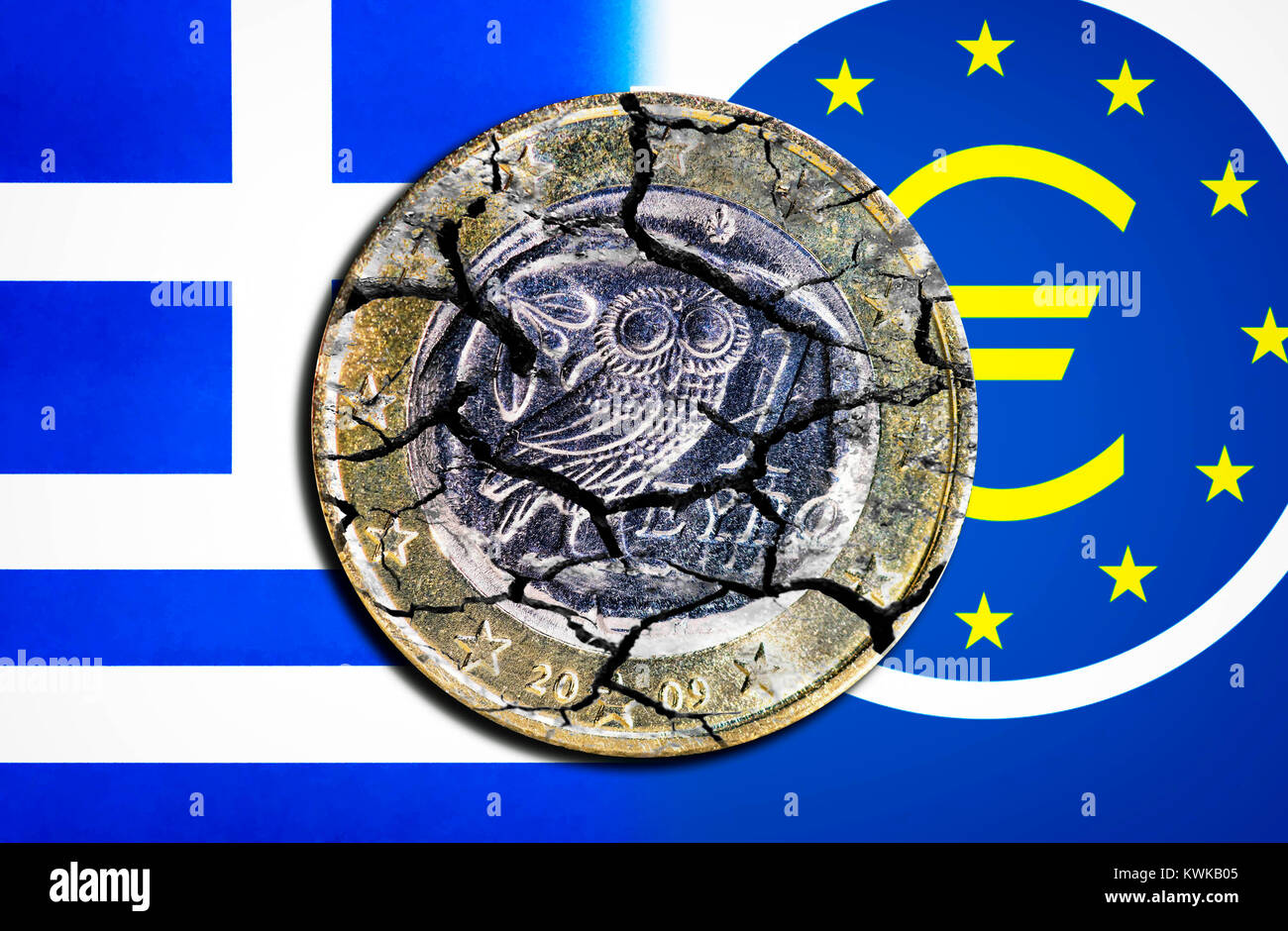 Greek eurocoin with tears before Greece and EZB flag, symbolic photo emergency loans for Greece, Griechische Eurom?nze mit Rissen vor Griechenland- un Stock Photo