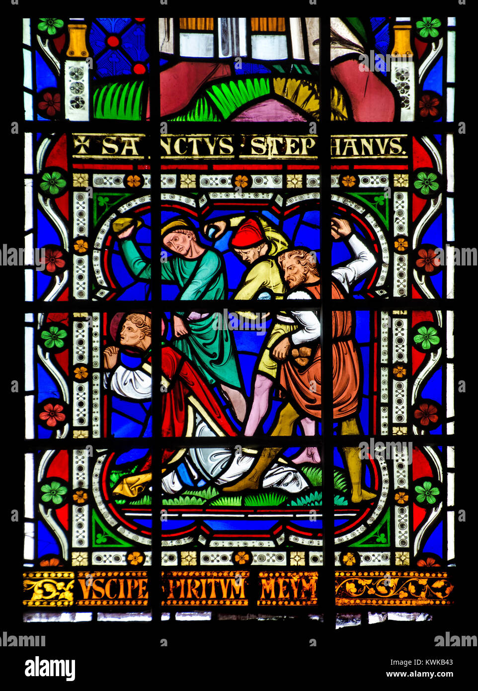 Rochester, Kent, England, UK. Rochester Cathedral. Stained Glass Window - stoning of Saint Stephen Stock Photo