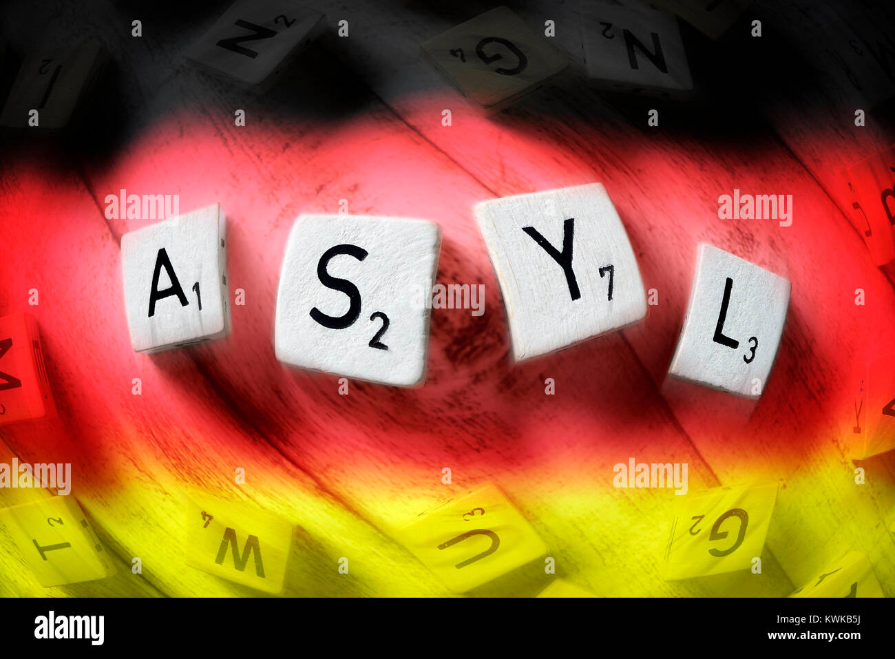 Letter cubes form the word Asylum, Buchstabenw?rfel formen das Wort Asyl Stock Photo