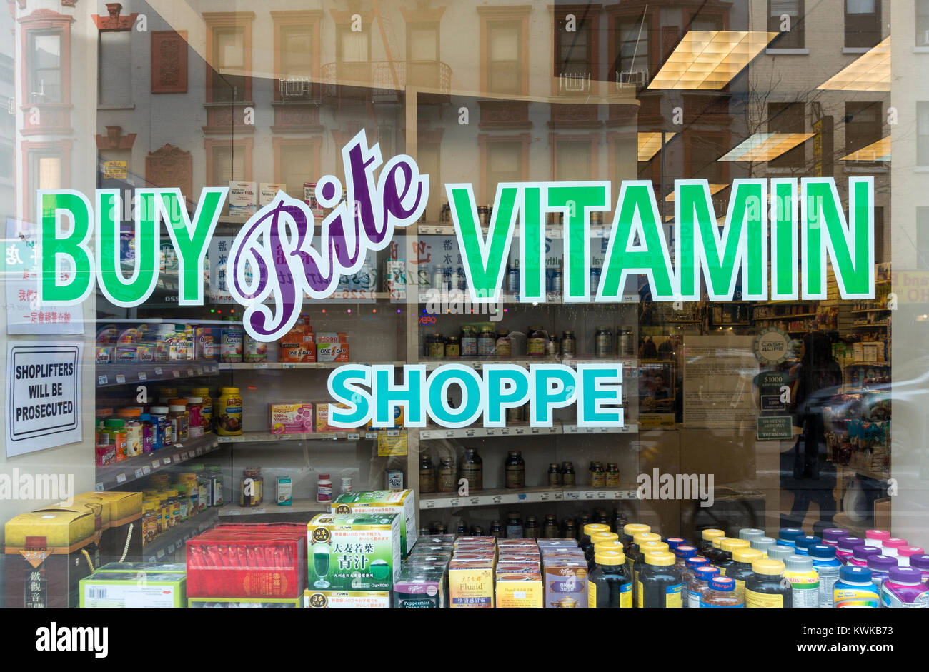 Window of a Buy Rite Vitamin Shoppe on Grand Street in Chinatown, New York City Stock Photo