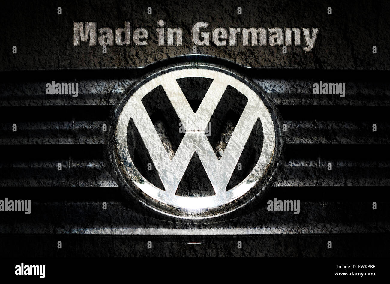 VW logo and stroke maggot in Germany, image damage by VW affair, VW-Logo und Schriftzug Made in Germany, Imageschaden durch VW-Aff?re Stock Photo
