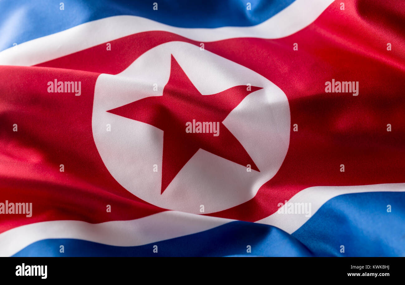 North korea flag. Colorful North Korea flag waving in the wind. Stock Photo