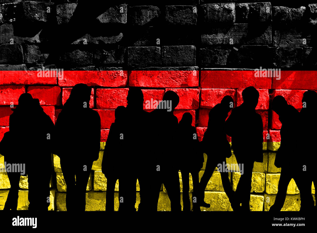 German flag and silhouettes, symbolic photo refugee's crisis, Deutsche Fahne und Silhouetten, Symbolfoto Fl?chtlingskrise Stock Photo