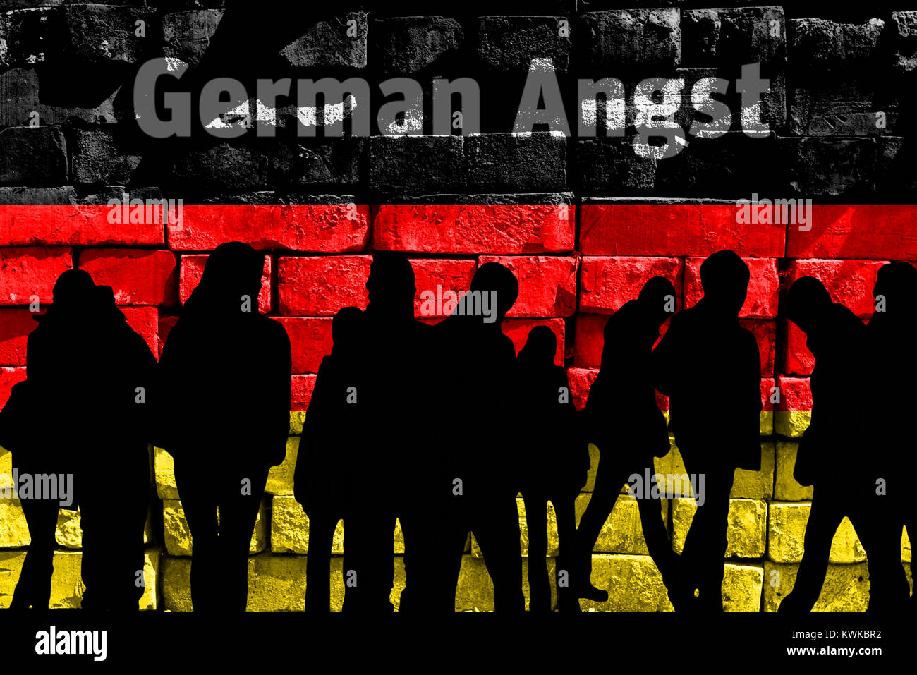 German flag, stroke German fear and silhouettes, symbolic photo refugee's crisis, Deutsche Fahne, Schriftzug German Angst und Silhouetten, Symbolfoto  Stock Photo