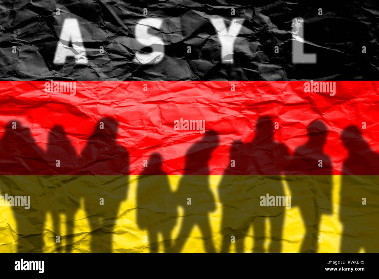 German flag, stroke asylum and silhouettes, symbolic photo refugee's crisis, Deutsche Fahne, Schriftzug Asyl und Silhouetten, Symbolfoto Fl?chtlingskr Stock Photo