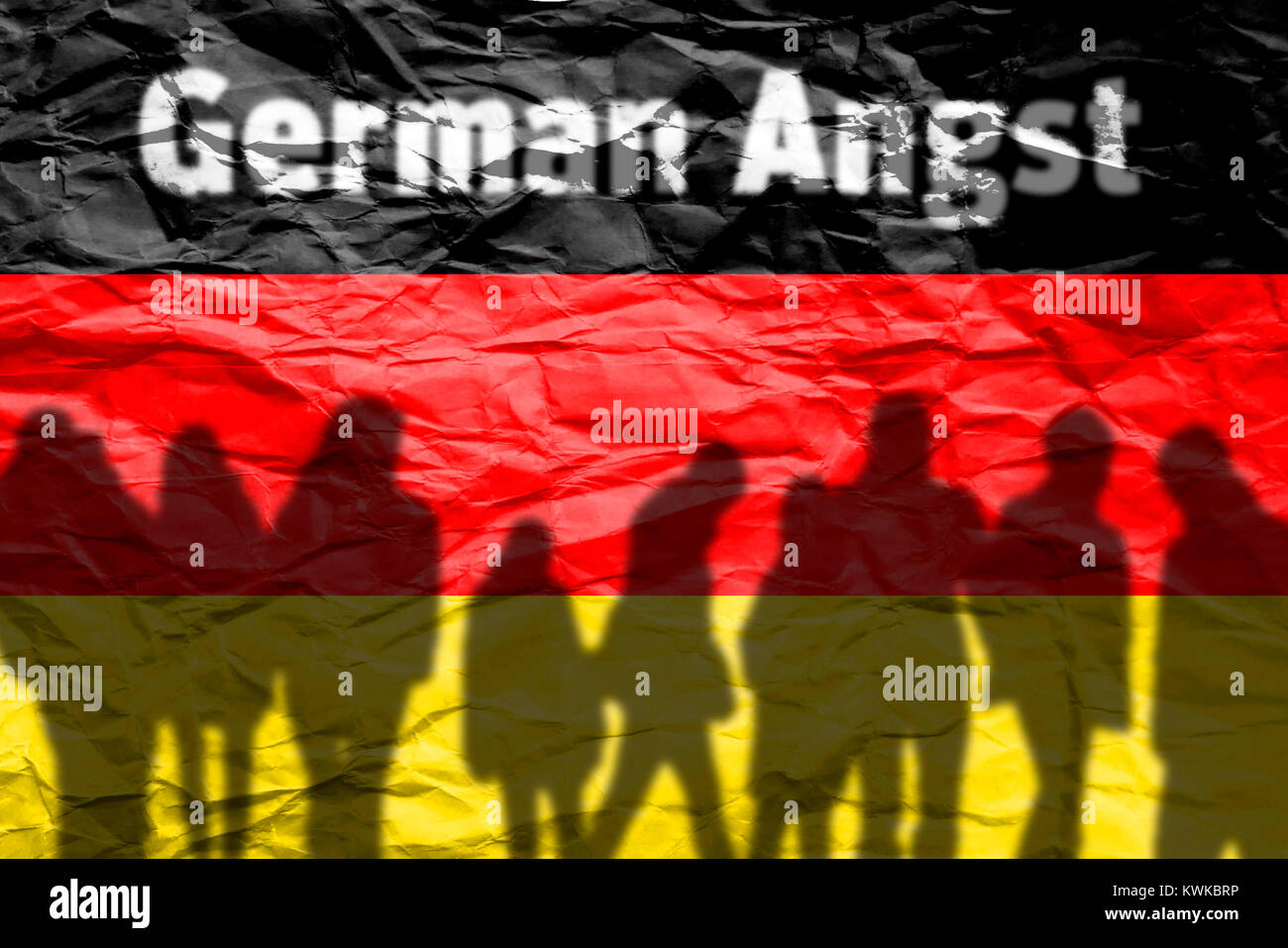 German flag, stroke Germam fear and silhouettes, symbolic photo refugee's crisis, Deutsche Fahne, Schriftzug Germam Angst und Silhouetten, Symbolfoto  Stock Photo