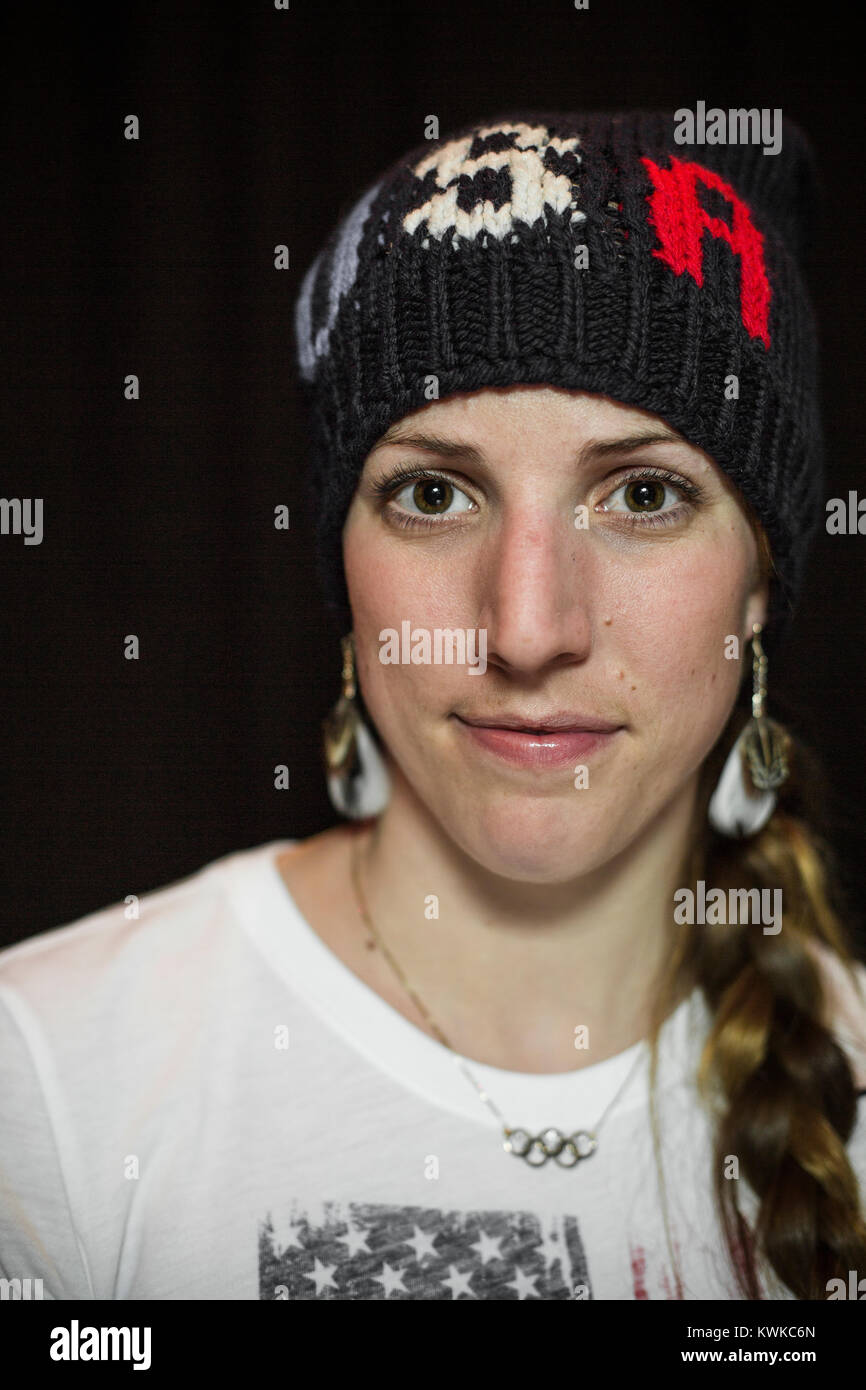 Portrait of Erin Hamlin, an Olympian American luger. Hamlin is the first female American luger to medal at any Winter Olympics. Stock Photo