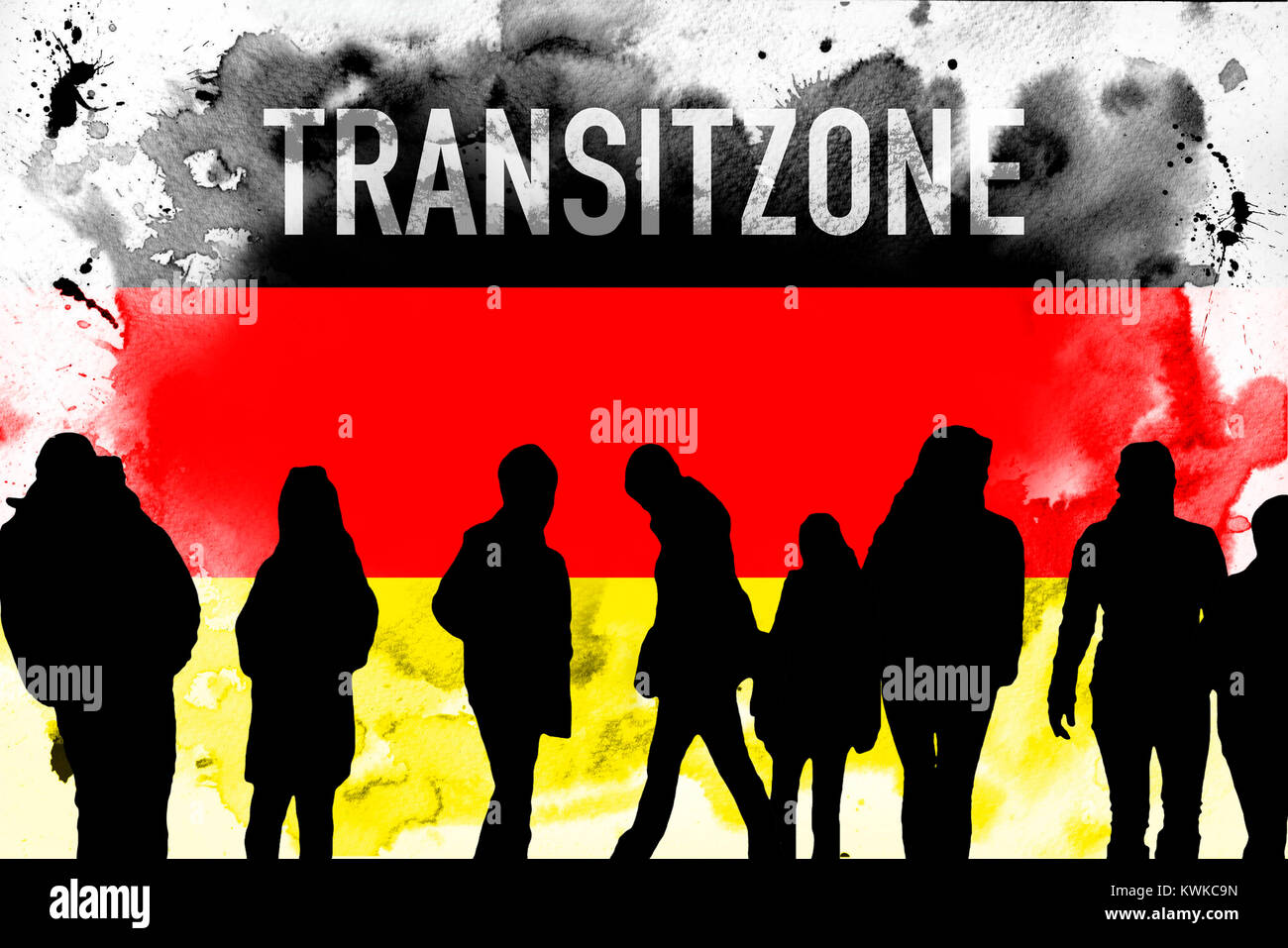 Silhouettes before Germany flag, establishment of transit zones, Silhouetten vor Deutschlandfahne, Errichtung von Transitzonen Stock Photo