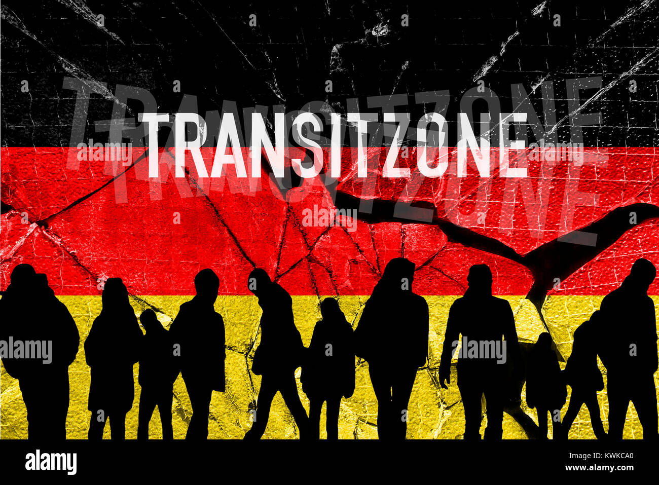 Silhouettes before Germany flag, establishment of transit zones, Silhouetten vor Deutschlandfahne, Errichtung von Transitzonen Stock Photo