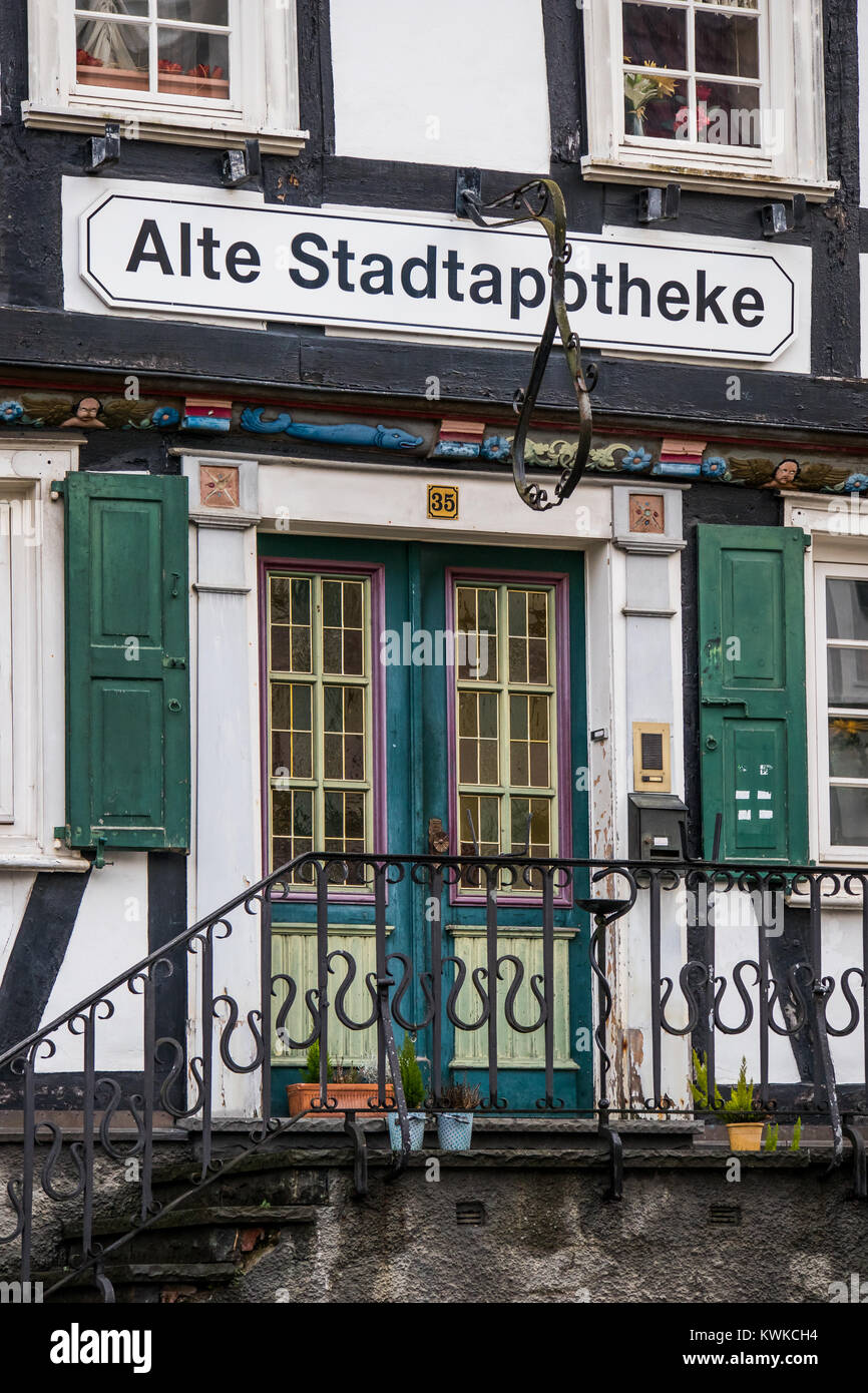 Alte Stadtapotheke, old pharmacy, in historical old town of Freudenberg, North Rhine-Westphalia, Germany, with half-timbered houses, Alter Flecken Stock Photo