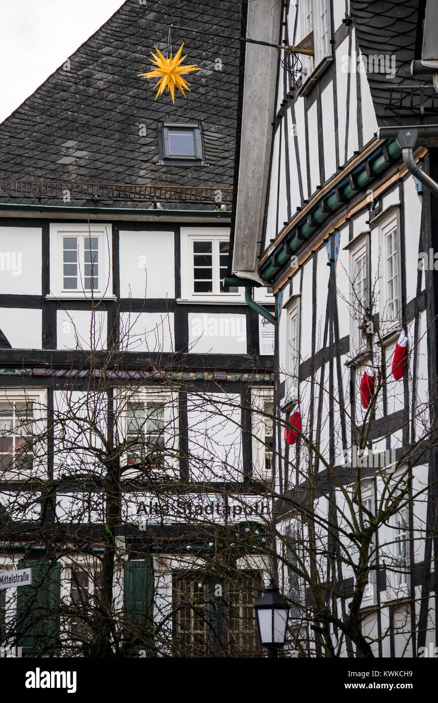 christmas time in historical old town of Freudenberg, North Rhine-Westphalia, Germany, with half-timbered houses, Alter Flecken Stock Photo