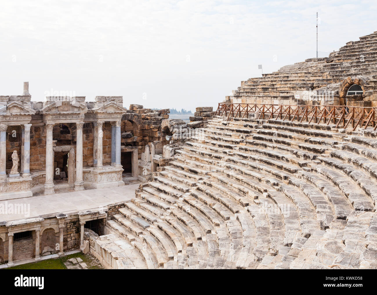 Hierapolis was an ancient city built alongside hot springs in Turkey.  The theatre was constructed in the 2nd century AD and is a World Heritage Site. Stock Photo