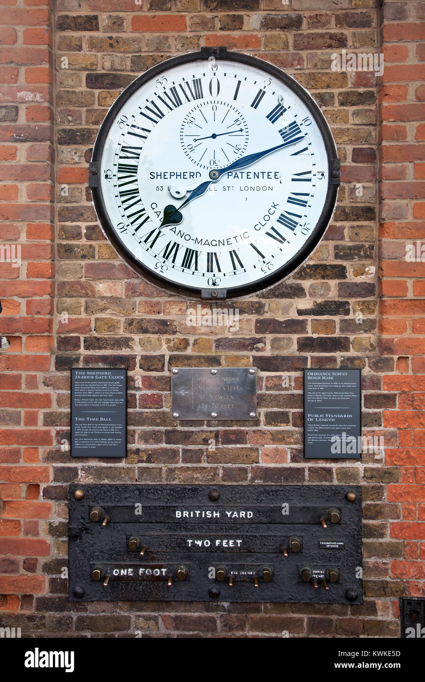 The Shepherd Gate clock, Public Measures of Length and Ordnance Survey Bench Mark, Royal Observatory, Greenwich, London Stock Photo