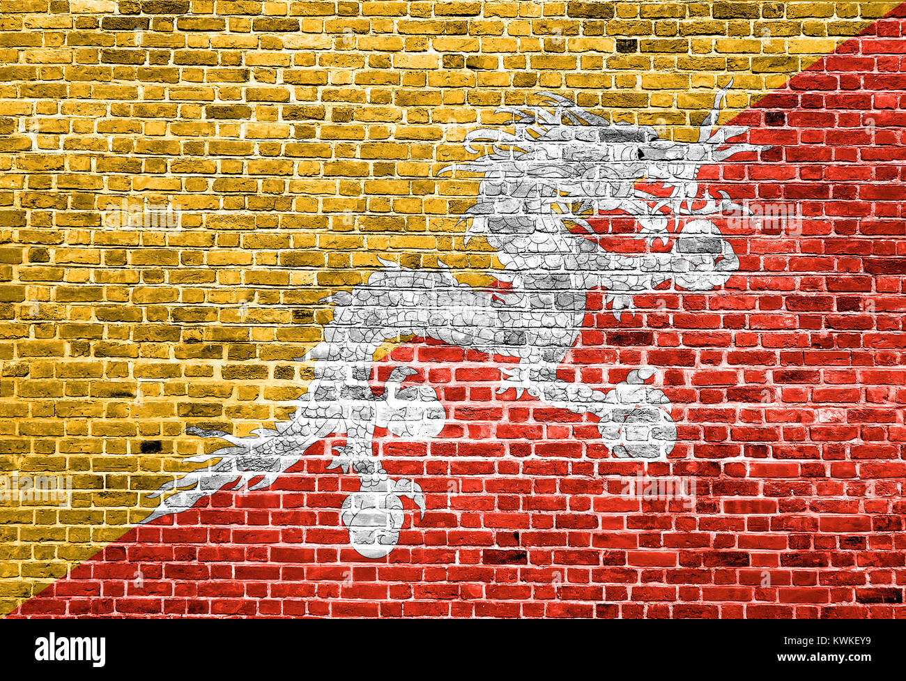 Flag of Bhutan painted on brick wall, background texture Stock Photo ...