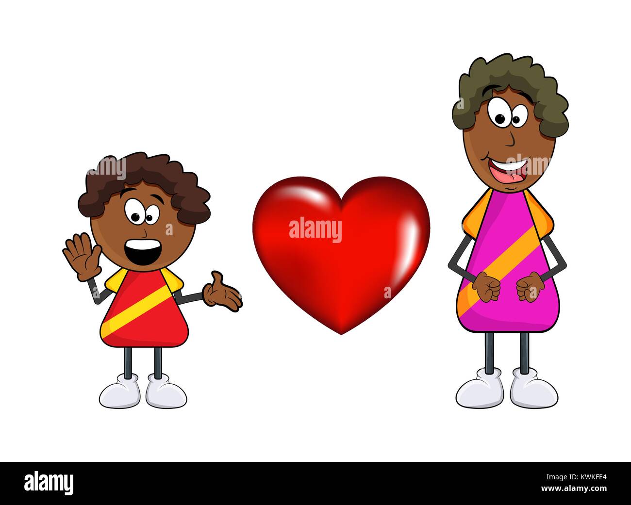 african black boy cartoon with mother and heart isolated on white background Stock Vector