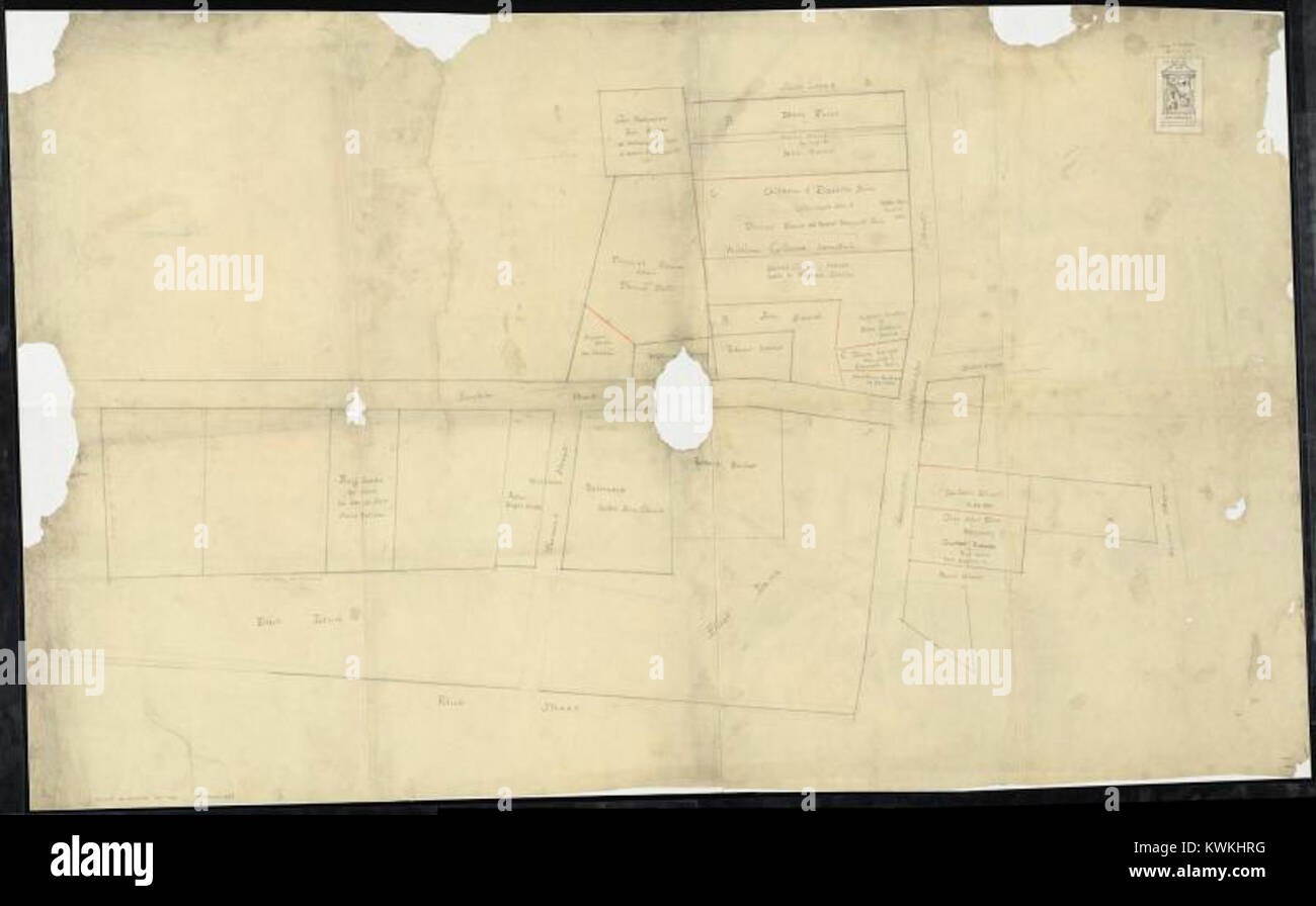 A detailed urban plan showing land lots in Boston’s Chinatown district, bounded by Avery, Eliot, Tremont, and Harrison Streets, documenting early city planning and property division. Stock Photo
