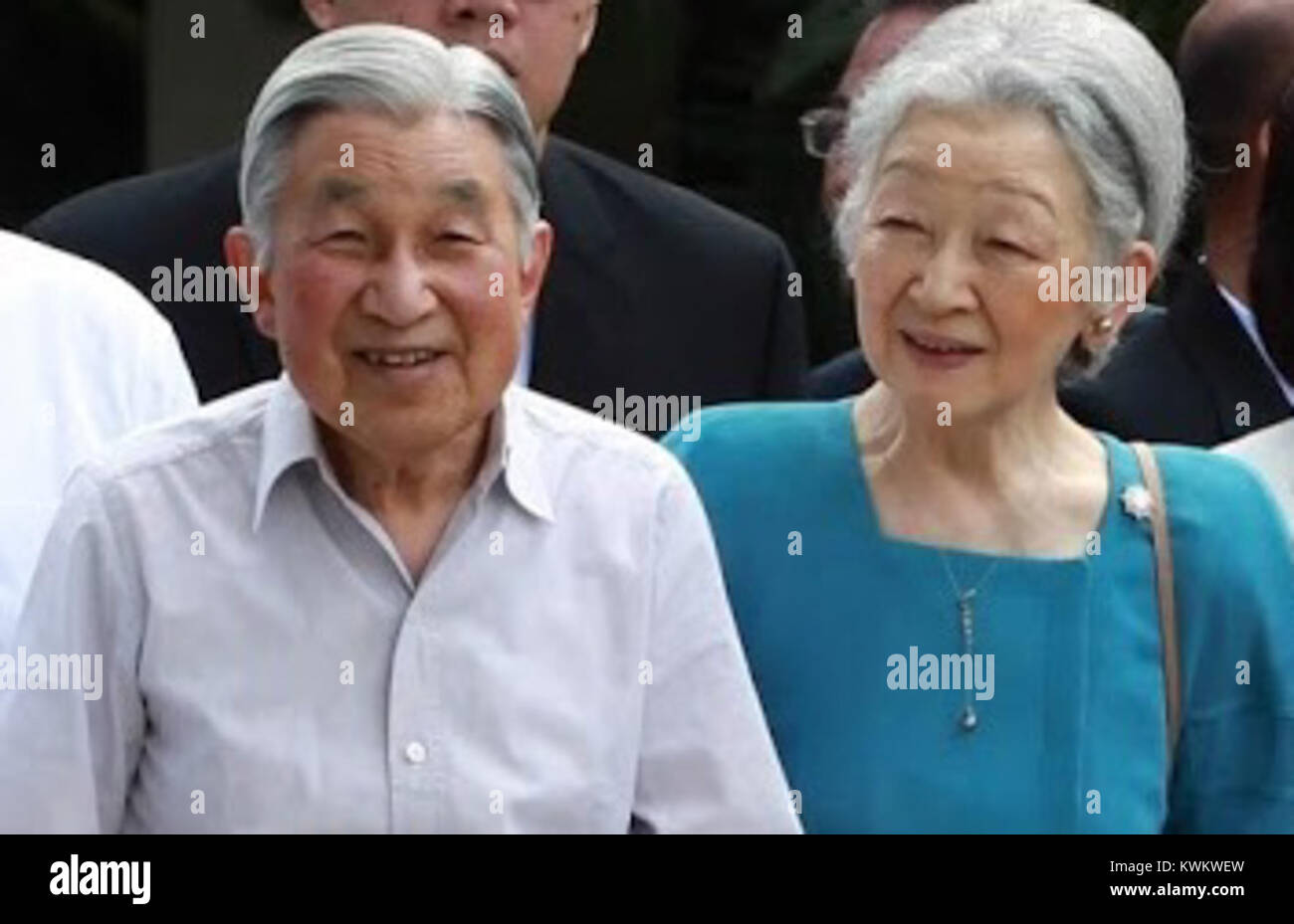 Japanese Emperor Akihito and Empress Michiko meet the representatives of the Philippine Federation of Japan Alumni (cropped) Stock Photo