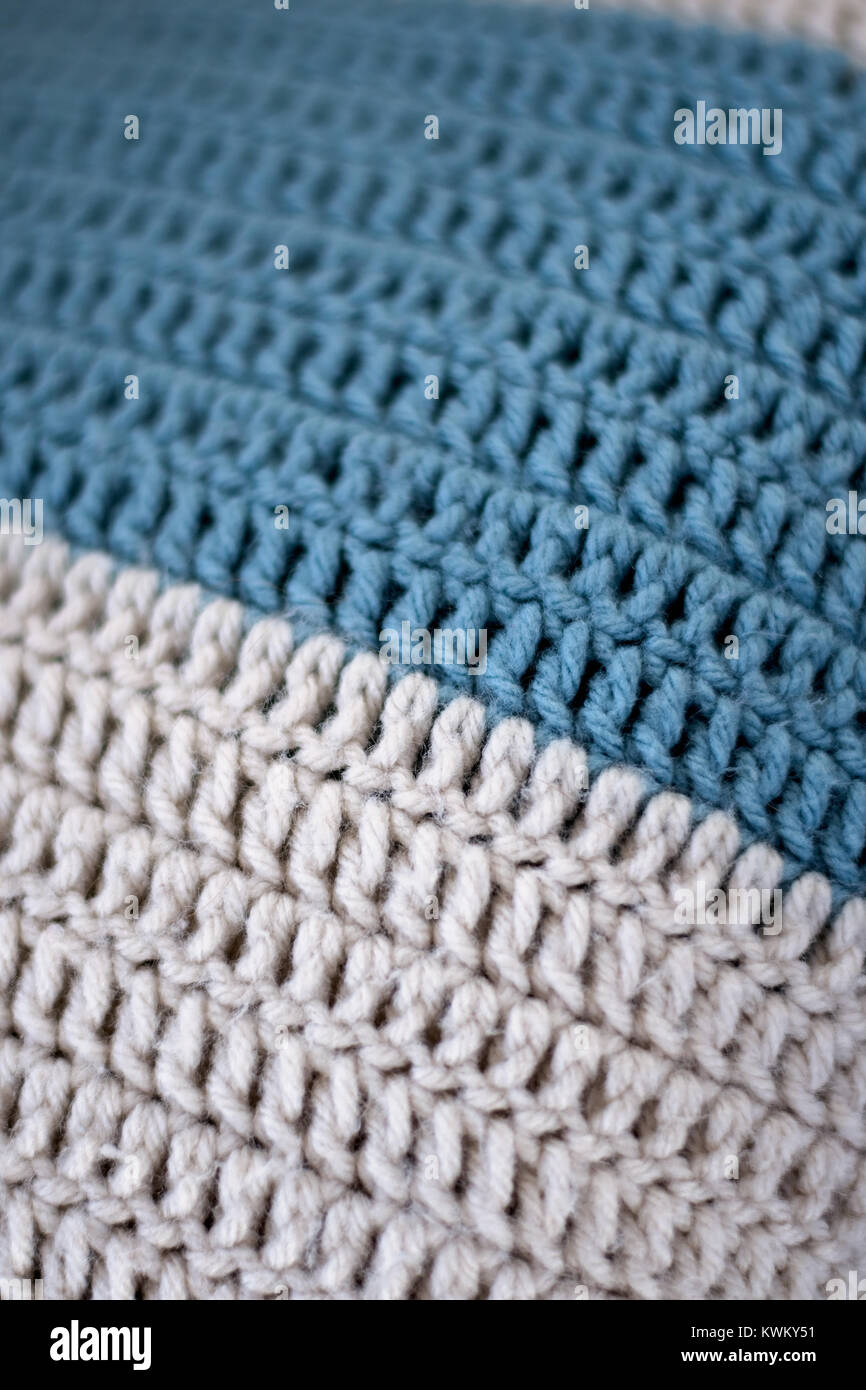 Close-up of crocheted afghan in cream and blue Stock Photo