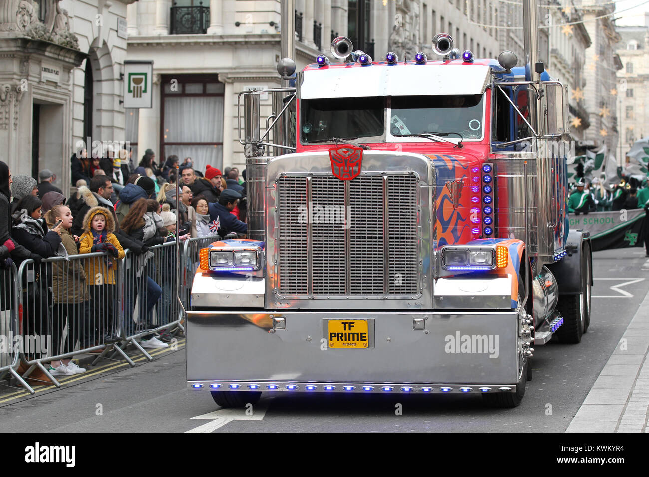 LONDON - JAN 01, 2018: Transformers Optimus Prime Truck take part in the New Year's Day Parade 2018 in London Stock Photo