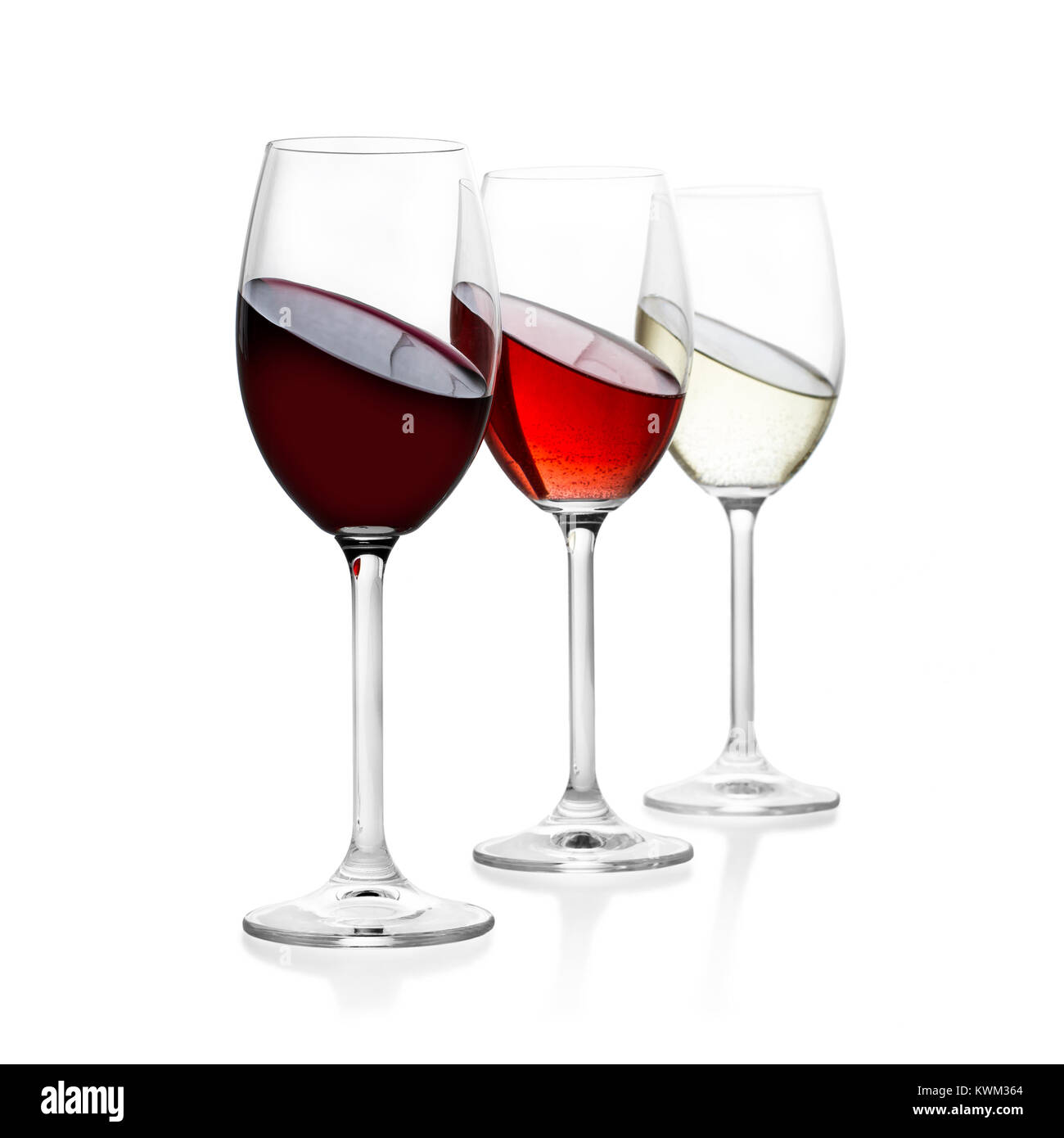Red, rose and white wine in glass, isolated  with new perspective Stock Photo