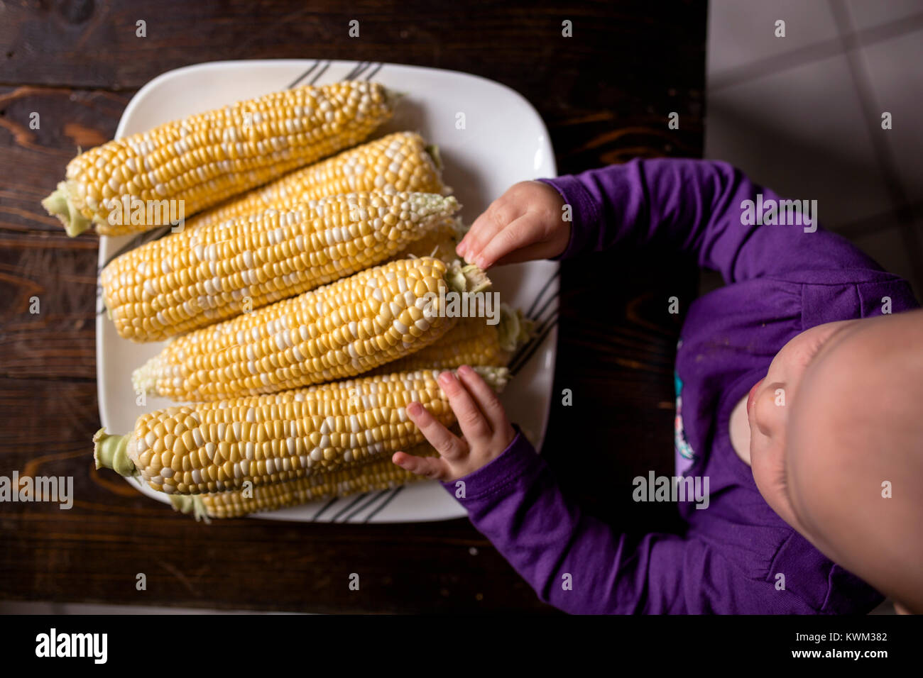 Overhead view of baby girl touching corns in plate on chair Stock Photo