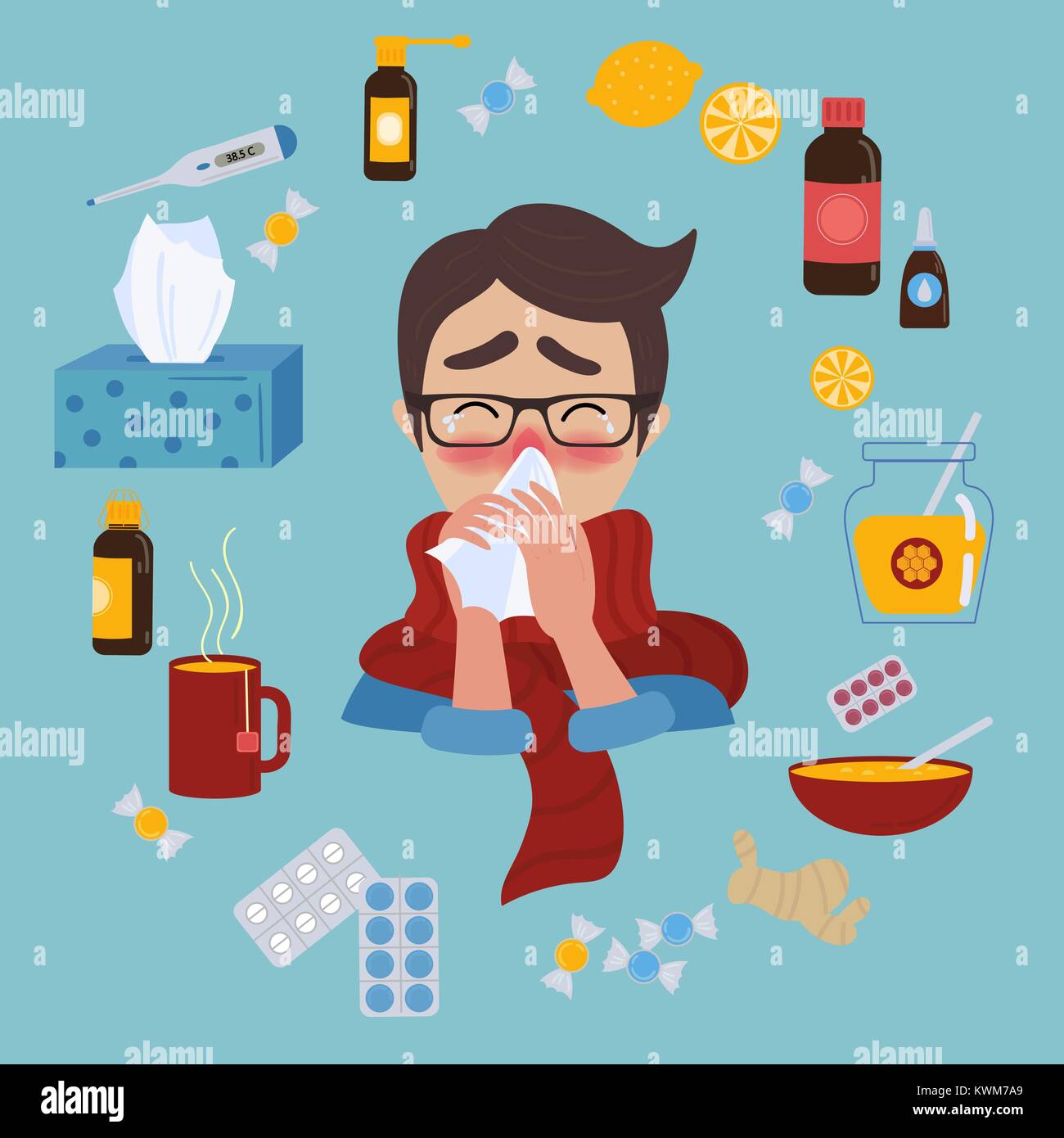 Young man in glasses caught cold flu or virus.He has red nose, high temperature and holds handkerchief or napkin. Ways to treat illness in a circle ar Stock Vector