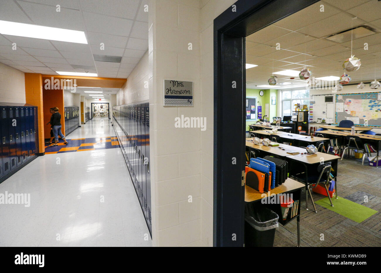 Davenport, Iowa, USA. 14th Sep, 2016. One of the new classrooms is seen along the library corridor at Bridgeview Elementary School in Le Claire on Wednesday, September 14, 2016. Bridgeview Elementary in the Pleasant Valley Community School District held an open house after undergoing significant renovation and expansion. Credit: Andy Abeyta/Quad-City Times/ZUMA Wire/Alamy Live News Stock Photo