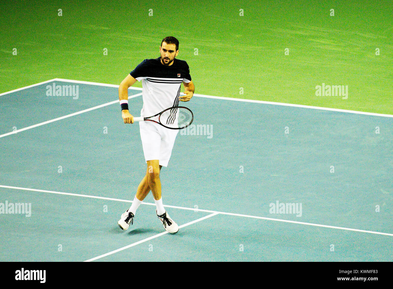 Pune, India. 3rd Jan, 2018. Marin Cilic of Croatia in action in the second round of Singles competition at Tata Open Maharashtra at the Mahalunge Balewadi Tennis Stadium in Pune, India. Credit: Karunesh Johri/Alamy Live News Stock Photo