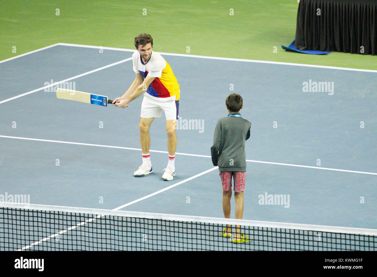 Pune, India. 3rd Jan, 2018. Gilles Simon of France gestures after his upset win in the second round of Singles competition at Tata Open Maharashtra at the Mahalunge Balewadi Tennis Stadium in Pune, India. Credit: Karunesh Johri/Alamy Live News Stock Photo