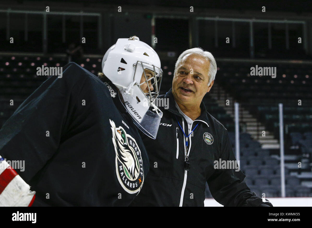 Davenport, Iowa, USA. 5th Oct, 2016. Head Coach Terry Ruskowski talks with goaltender C.J. Motte (30) during the first day of training camp for the Mallards at the iWireless Center in Moline on Wednesday, October 5, 2016. Credit: Andy Abeyta/Quad-City Times/ZUMA Wire/Alamy Live News Stock Photo
