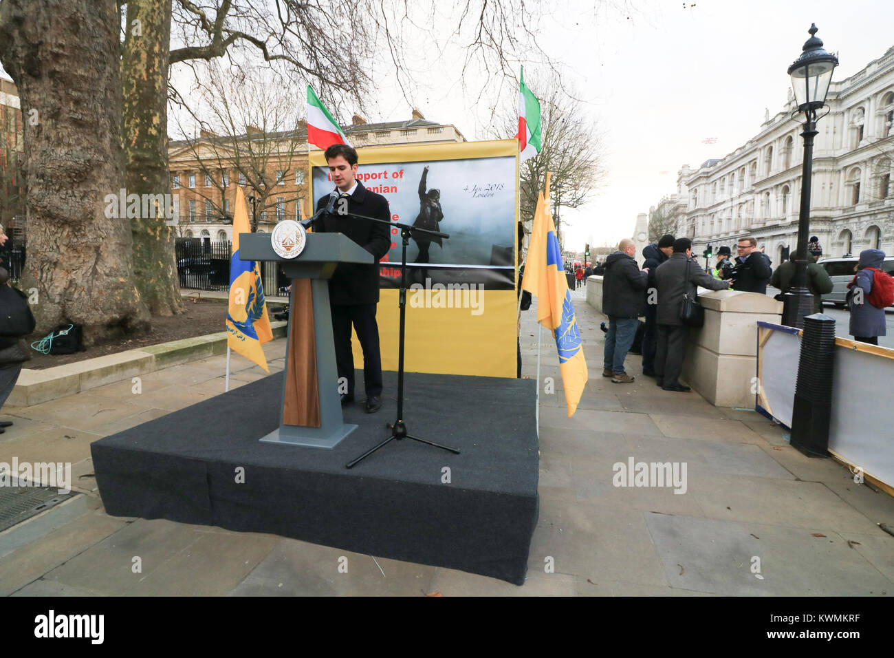London, UK. 4th Jan, 2018. A rally outside No 10 Downing Street by members of Iran's opposition, the National Resistance of Iran (NCRI) and the People's Mojahedin Organization of Iran (PMOI/MEK)calling on the UK Government to break its silence and condemn the killings and crackdown of protesters by the Iranian clerical regime of President Rouhani and Supreme leader Ayatollah Ali Khamenei Credit: amer ghazzal/Alamy Live News Stock Photo
